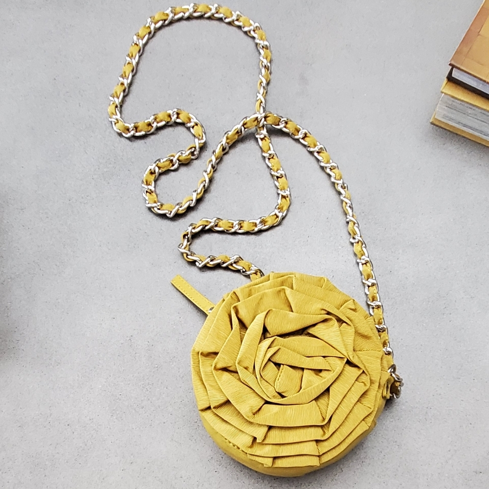 Chocolate New York Rosette Crossbody Mini Bag, Mustard, Silver Chain,  EUC